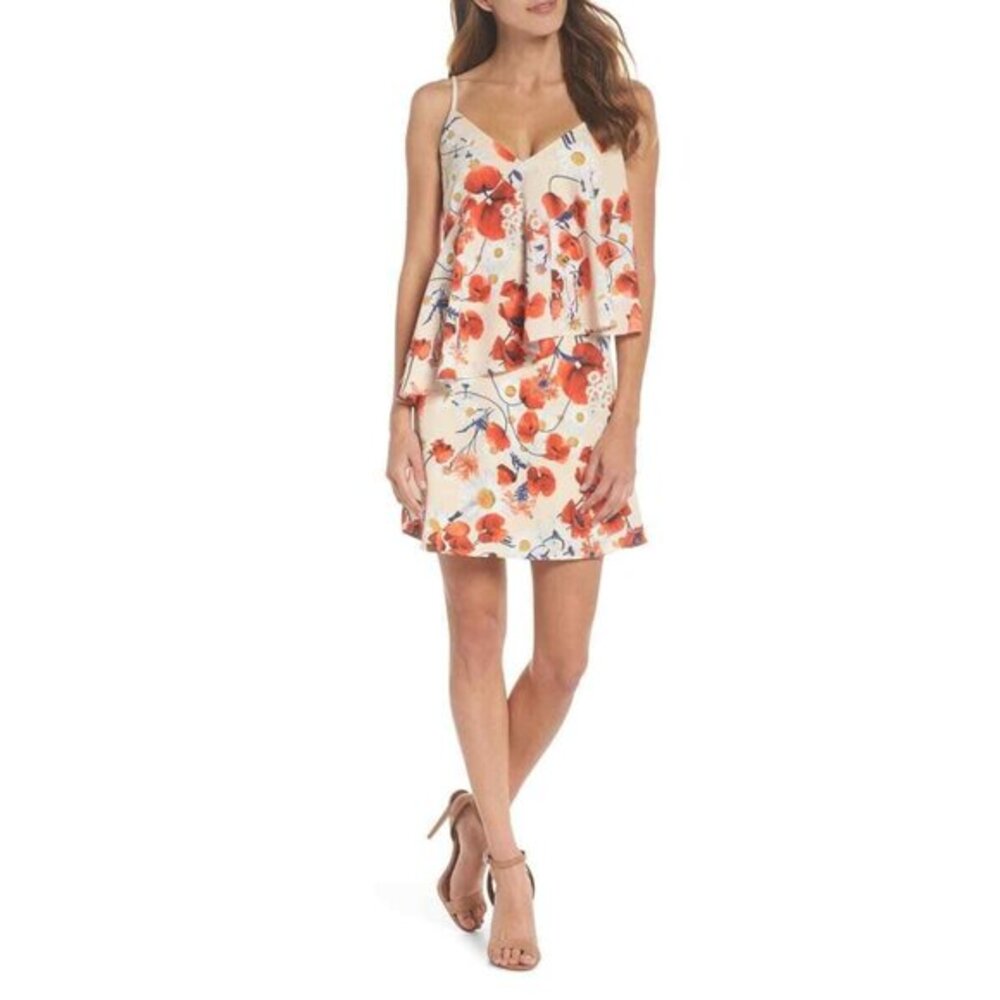 NSR Cara Floral Slip Dress Spaghetti Strap Coral Orange Red Ruffle SZ M NWT